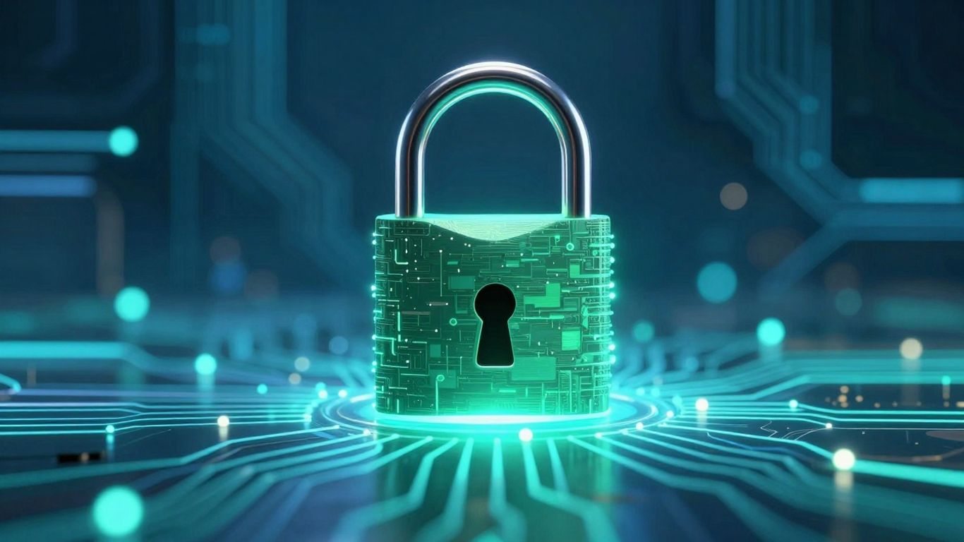 Digital padlock securing a glowing network.