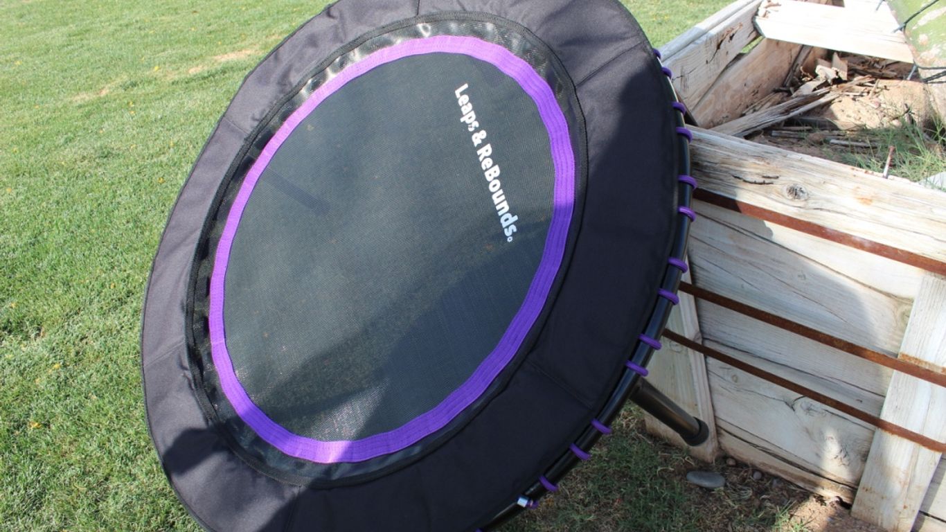 A small trampoline with purple trim leaning against wooden planter.