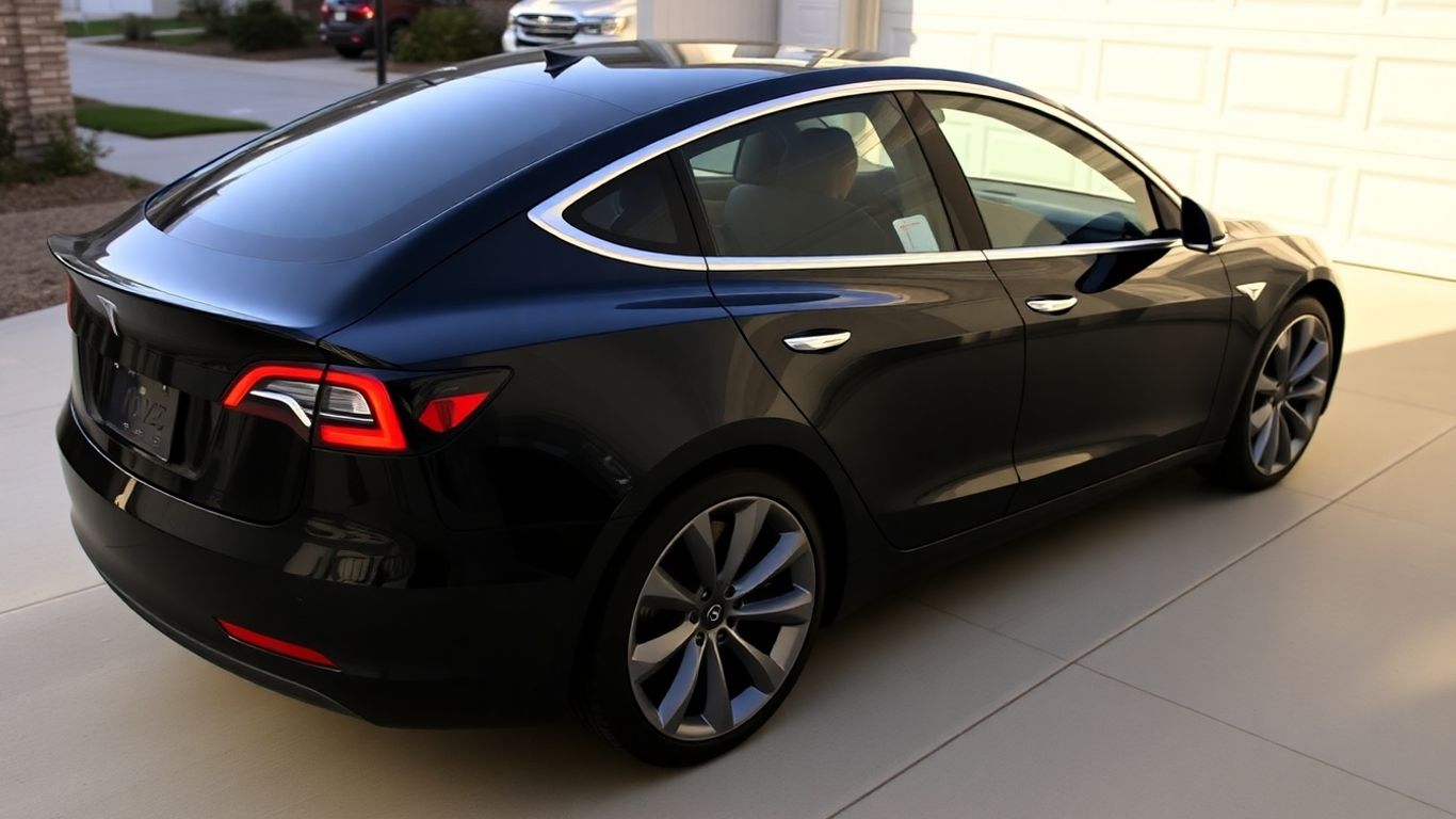 Tesla Model 3 with exterior chrome and spoiler upgrades.