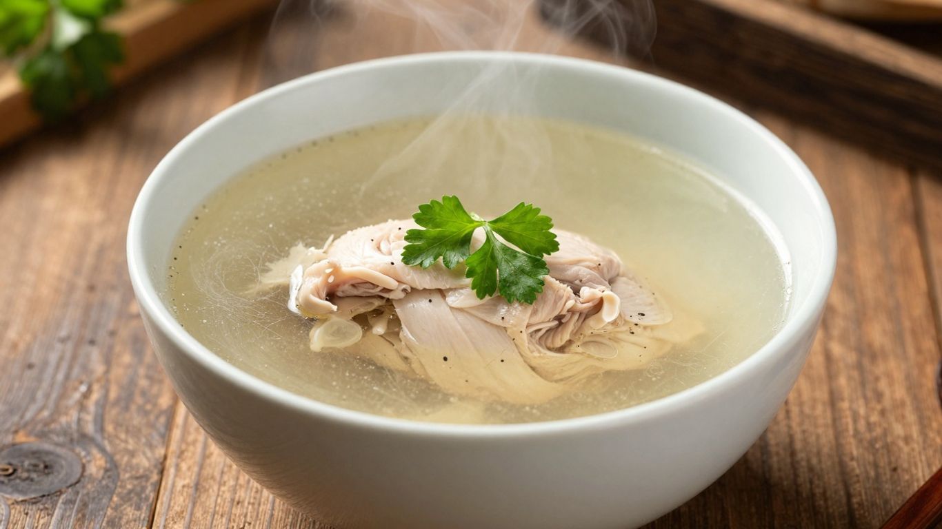 Bowl of steaming chicken broth with parsley garnish.