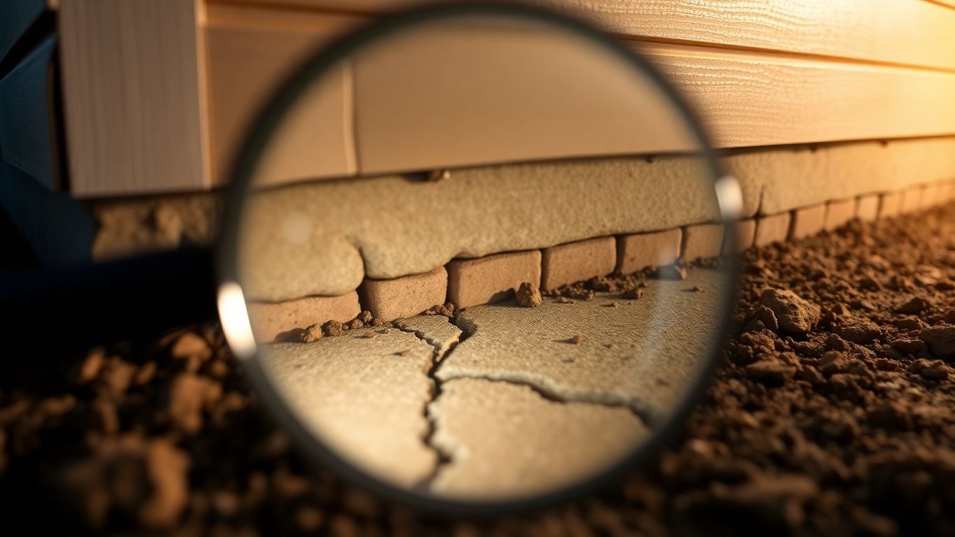 Home foundation inspection with magnifying glass over crack.