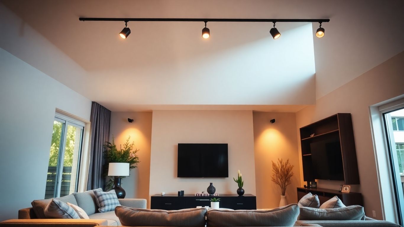 Living room track lighting illuminating a modern space.