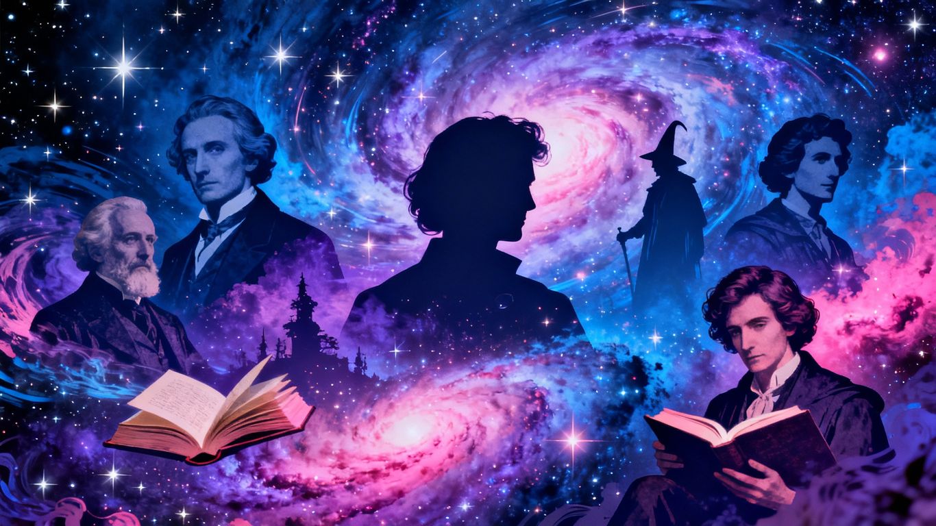 Literary characters with celestial backgrounds.