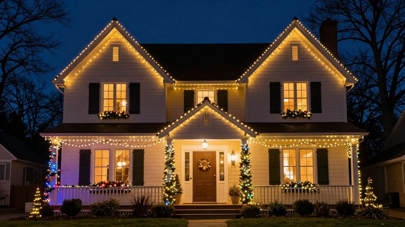 House decorated with permanent Christmas lights at night.