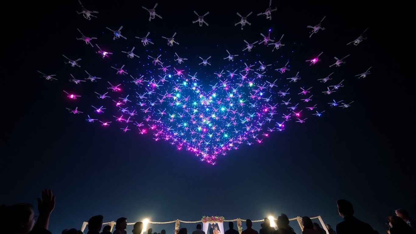 Wedding drones light up the night sky with a heart.