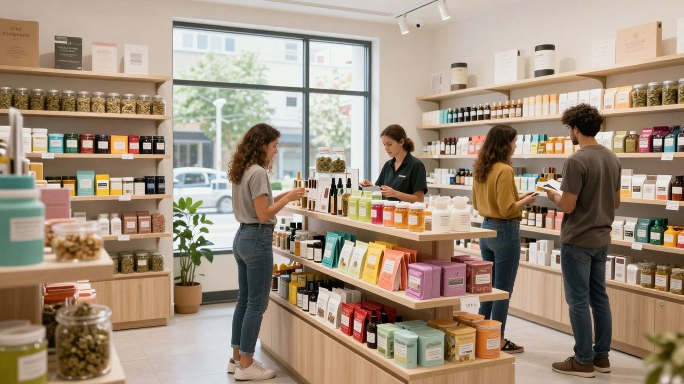 Modern dispensary interior with cannabis products and customers.