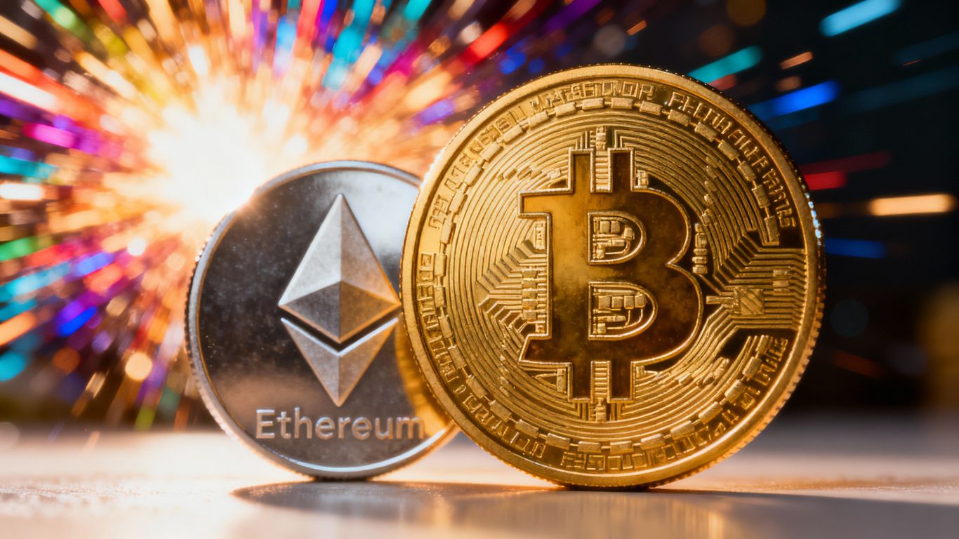 Bitcoin rising forward with Ethereum fading in background