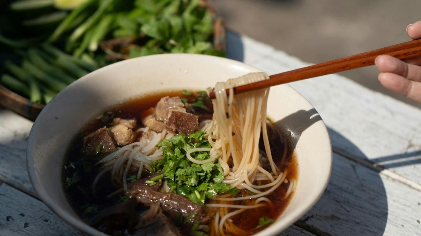 Bowl of noodle soup with herbs, chopsticks, and vegetables nearby.
