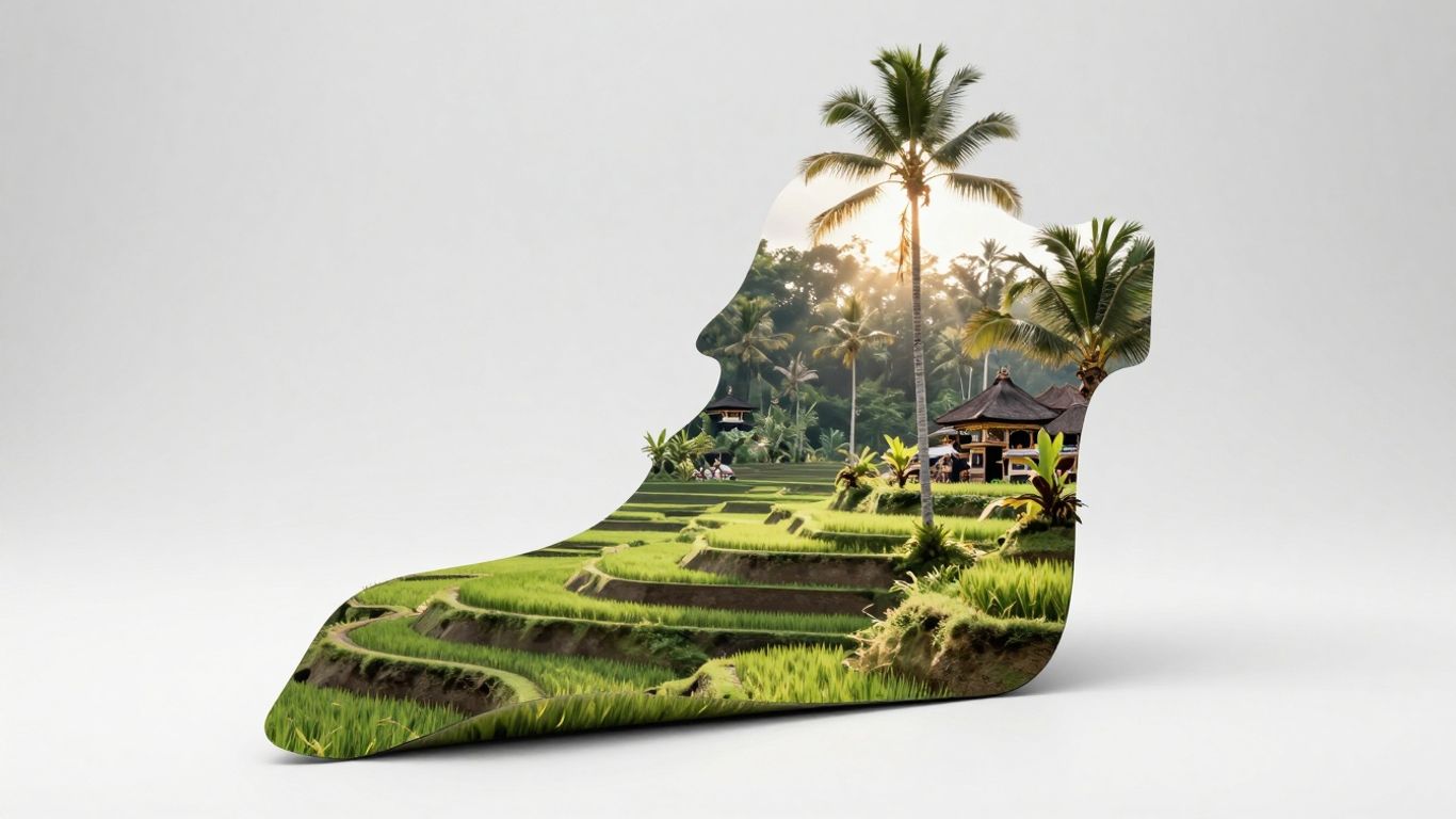 Lush green rice terraces and Balinese village in Ubud