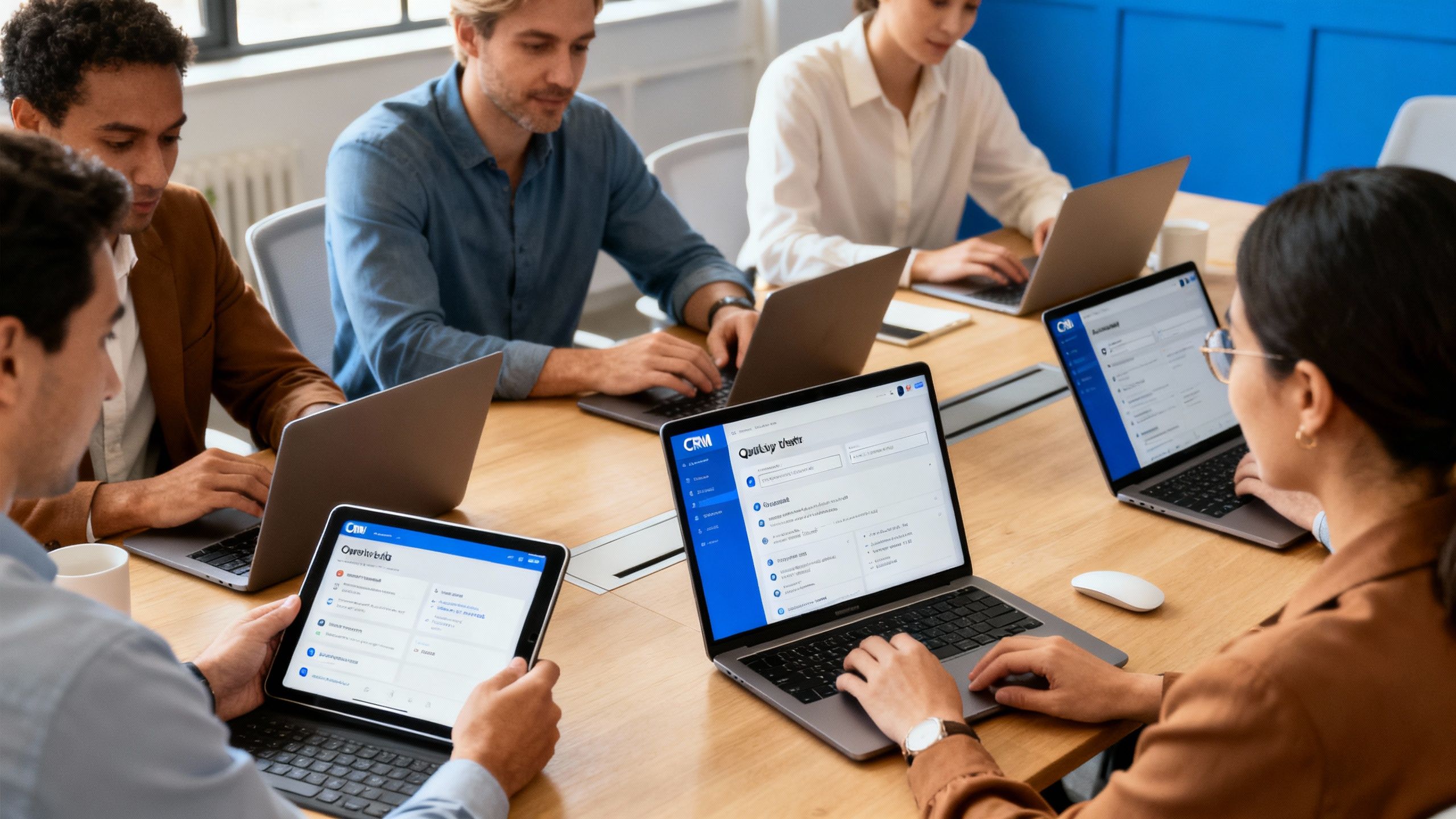 Business team coordinating follow-ups and quotes with CRM tools