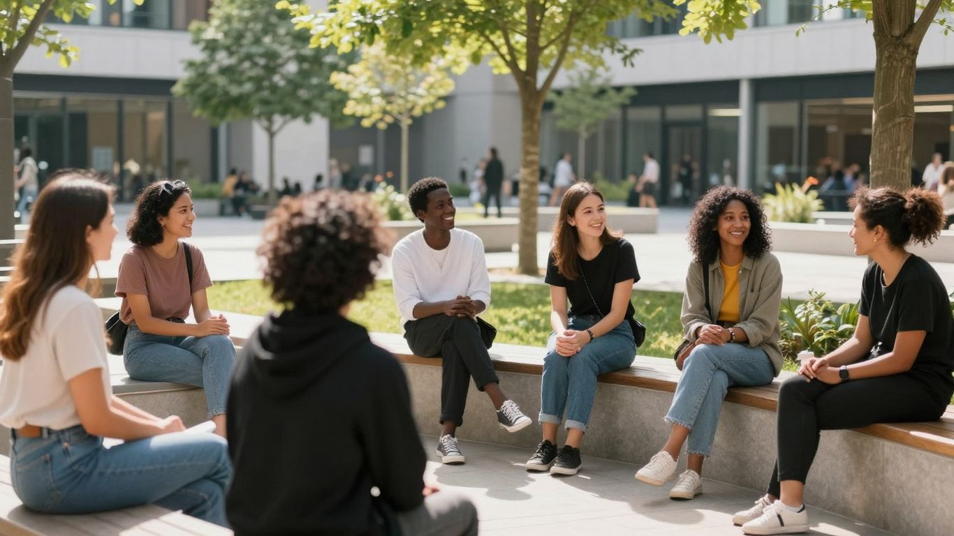 Oameni diversă interacționând în spații publice moderne.