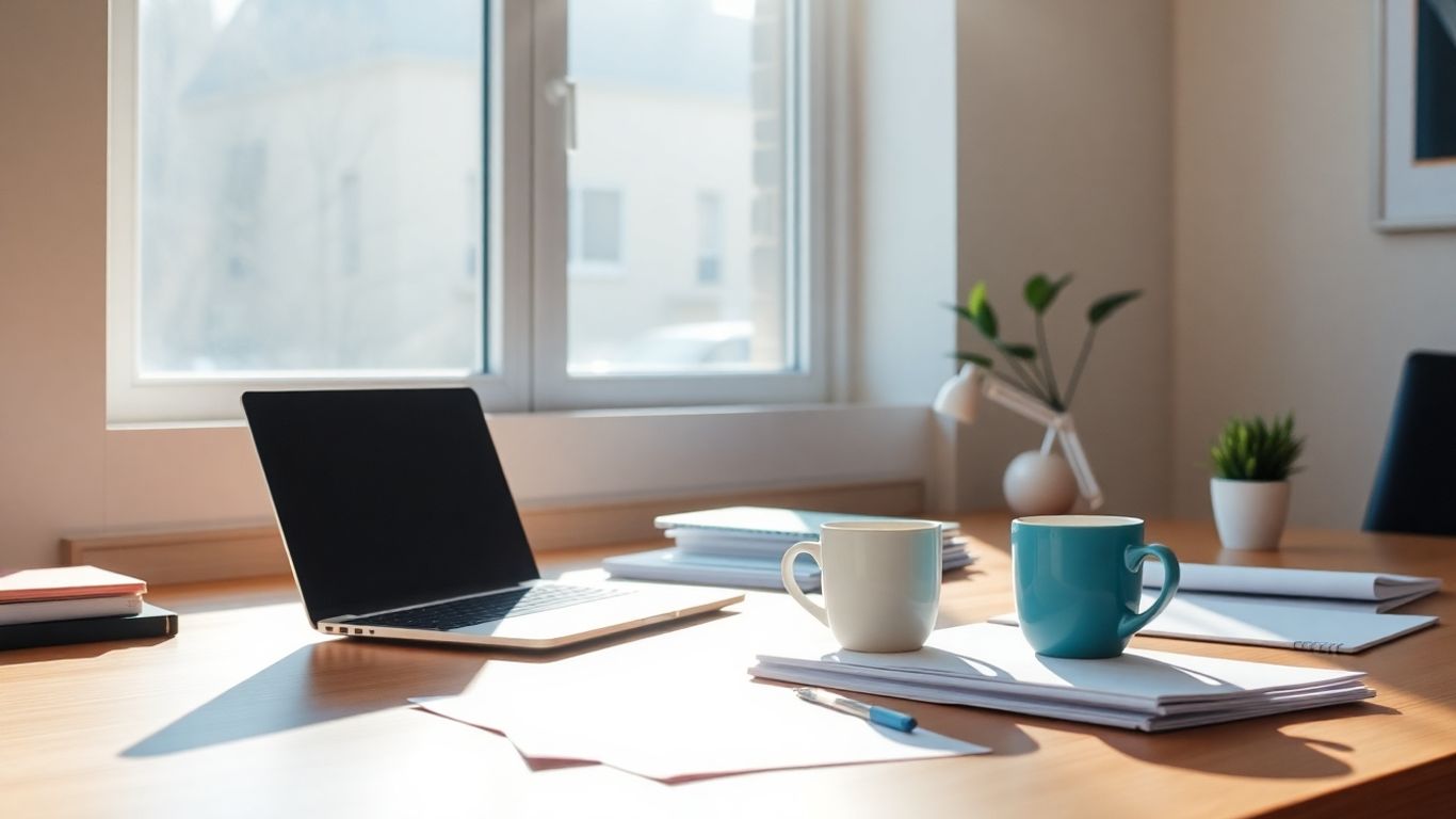 Streamlined admin work desk with organized papers and laptop.