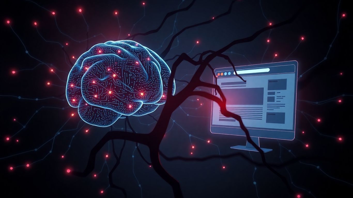 Digital brain entangled in a web, with shadowy tendrils reaching for a browser.