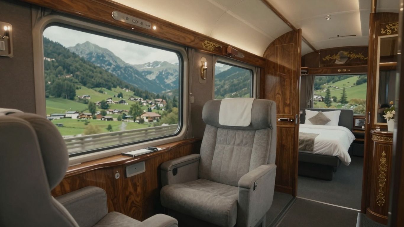 Luxury train suite and private compartment interiors.