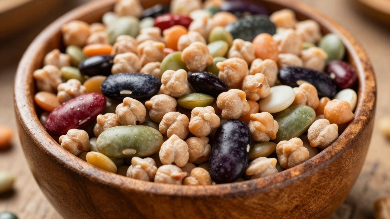 Tigela rústica cheia de leguminosas secas variadas.