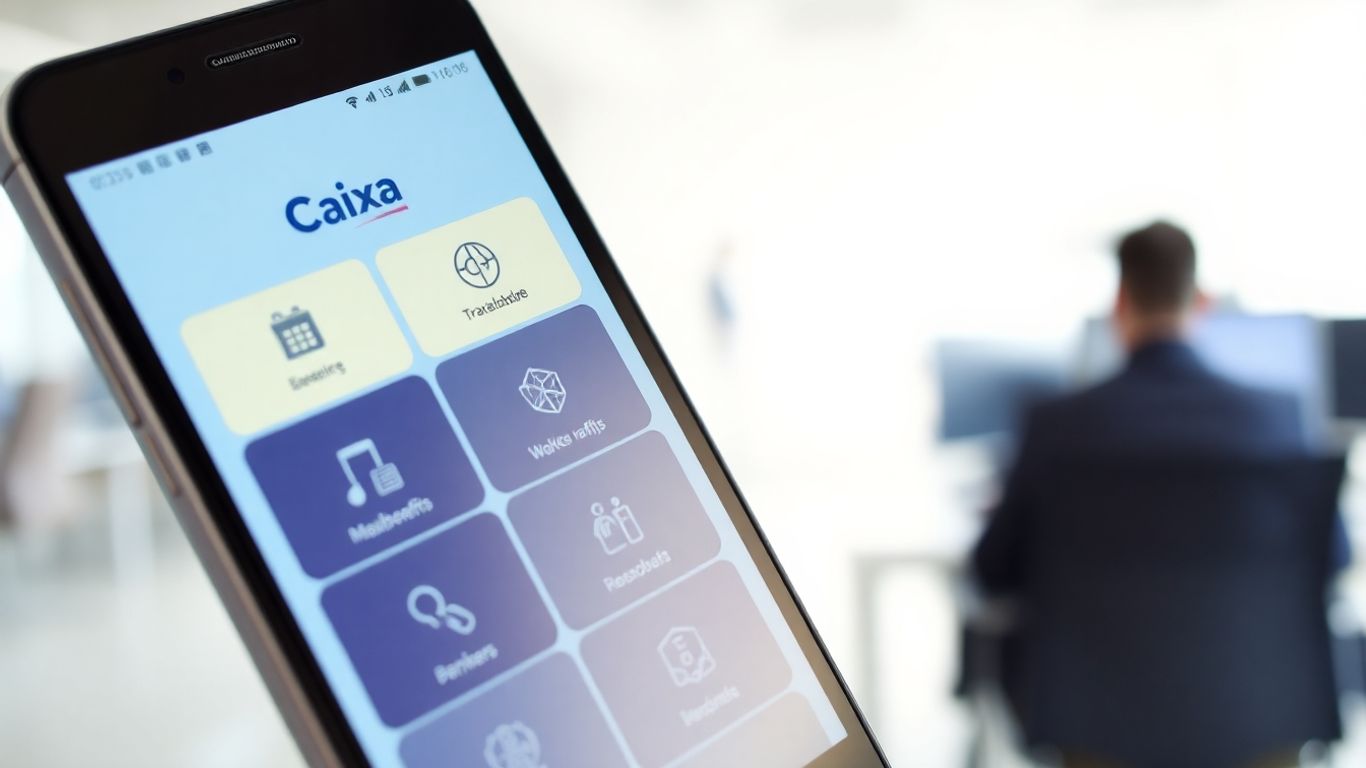 Tela do aplicativo Caixa Trabalhador com ícones de benefícios.
