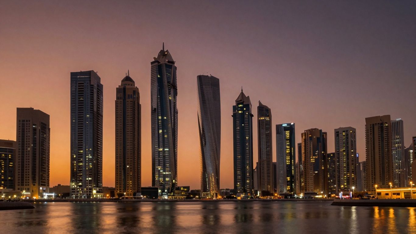 Dubai Skyline bei Sonnenuntergang mit Wolkenkratzern