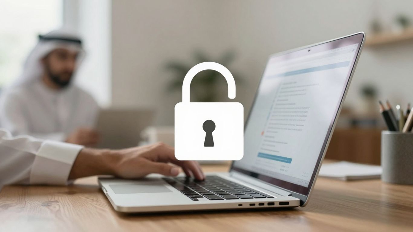 Laptop with padlock icon, secure remote work.