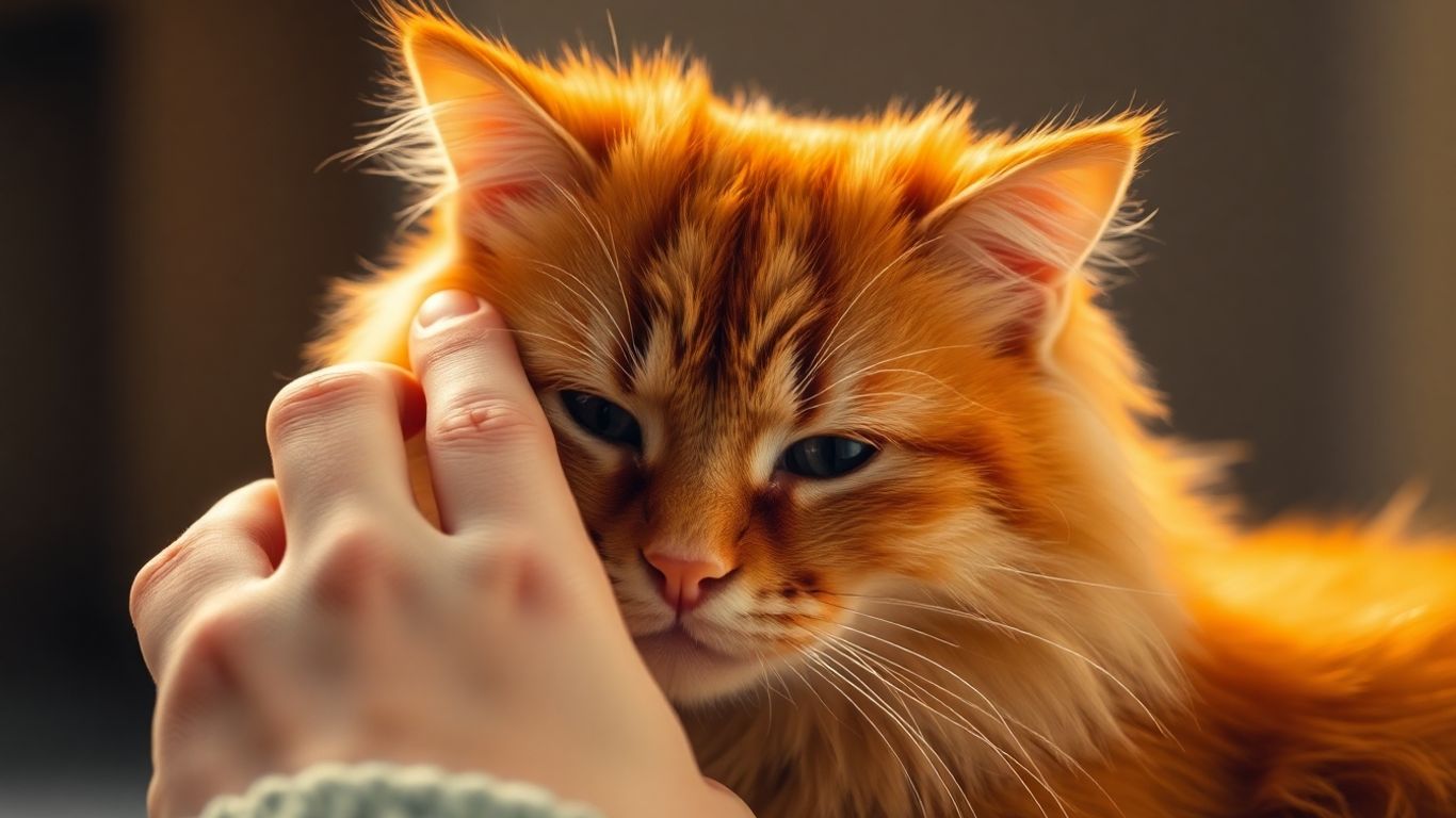 Cat nuzzling owner's hand, warm light.