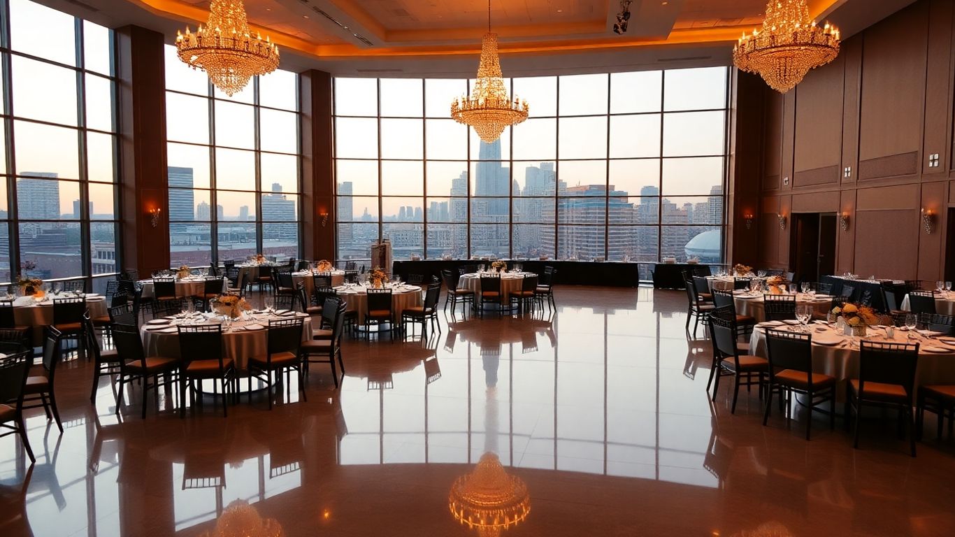 Elegant Dallas ballroom with chandeliers and city view.