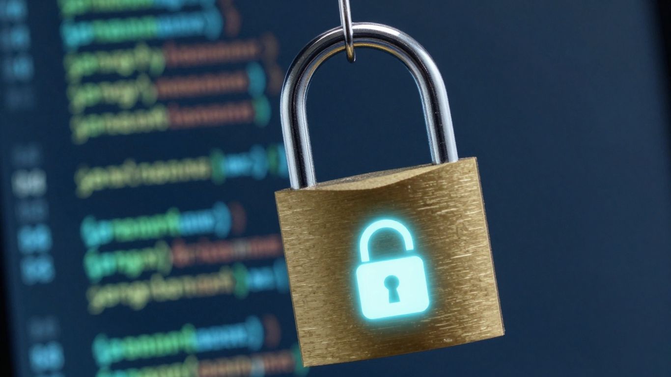 Padlock with a fishing hook, digital security concept.