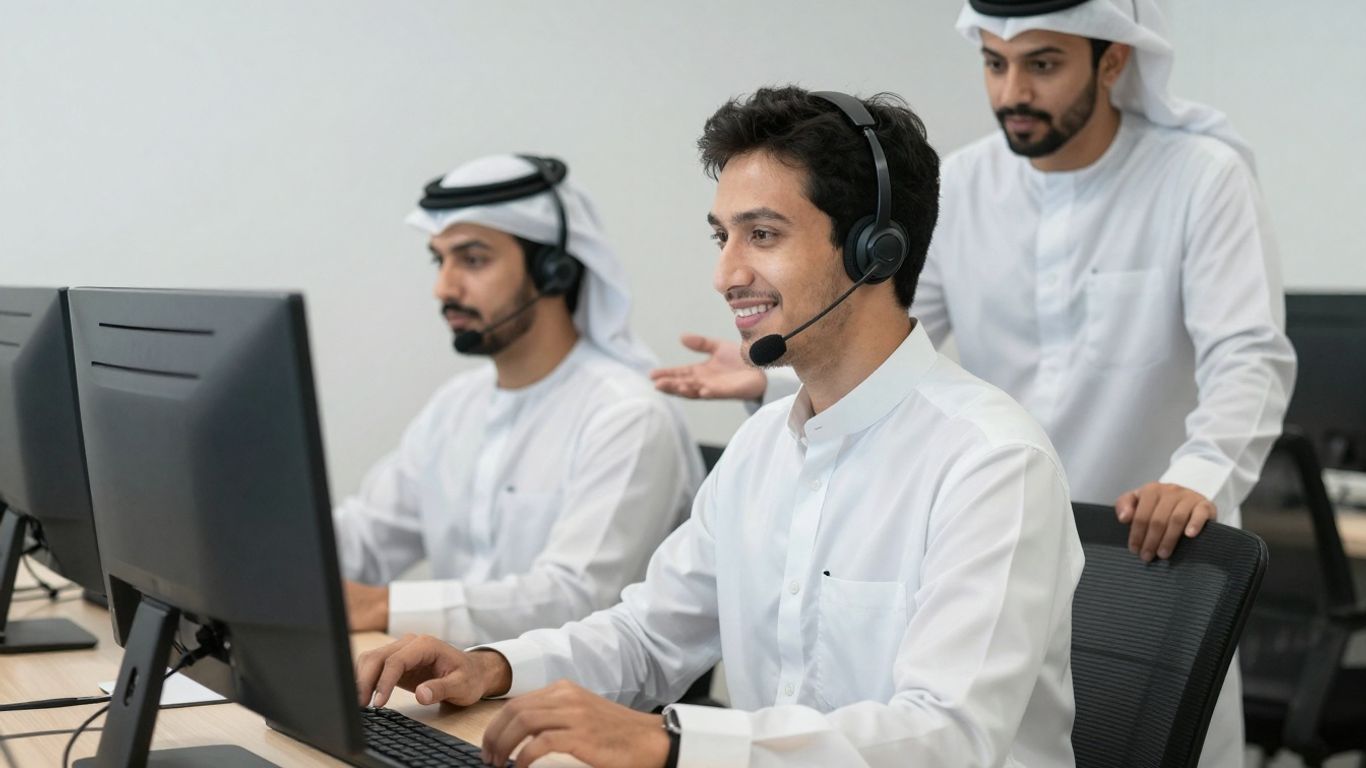 Customer service agent helping a customer with a headset.