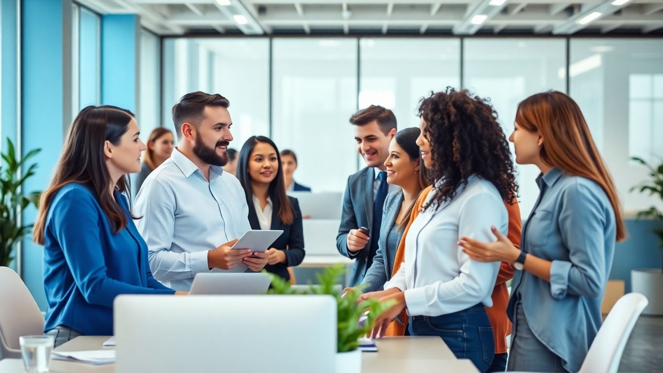Moderne Büroumgebung mit Fachleuten und blauen Akzenten.