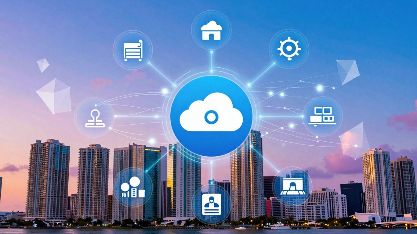 Miami IT services infographic with digital icons and skyline.