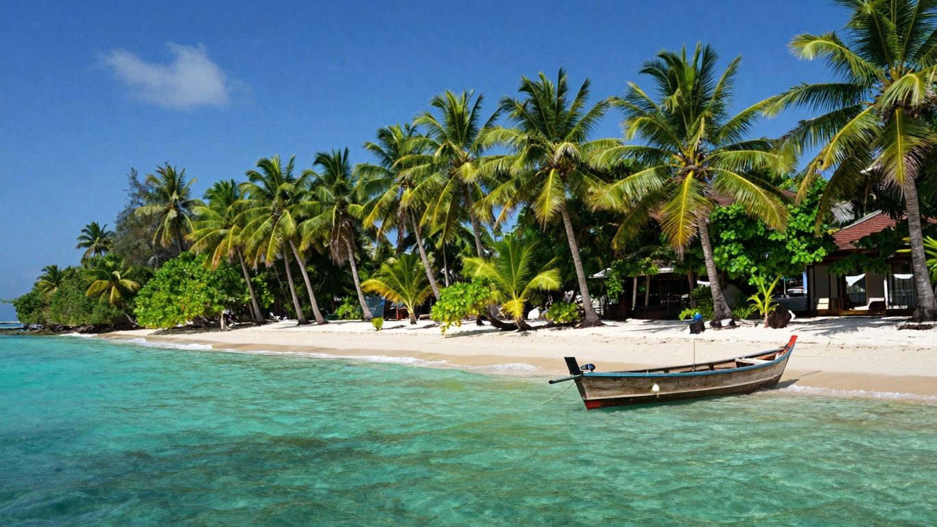 Tropical beach with clear water and palm trees.