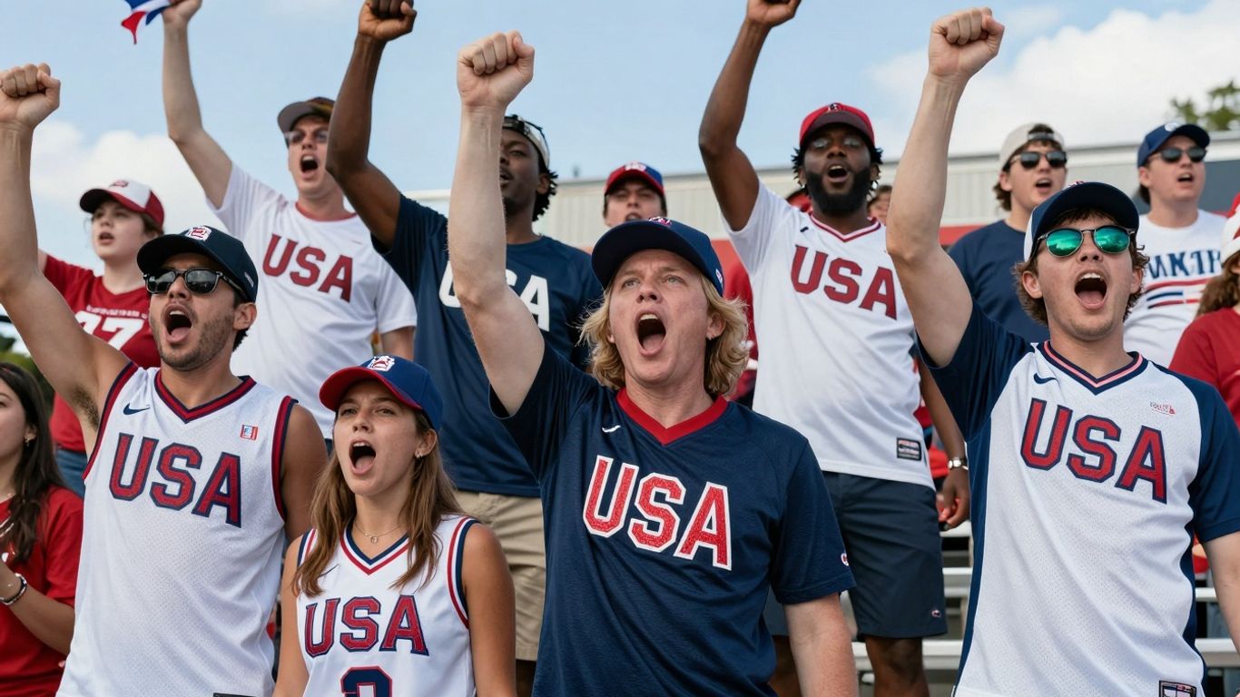 Fans in USA sports clothing celebrating a win.