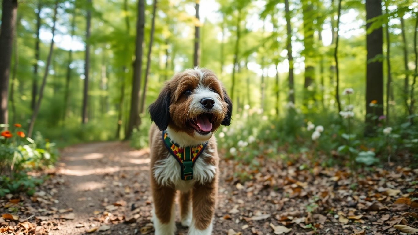 Bernedoodle hiking on lush Pennsylvania forest trail