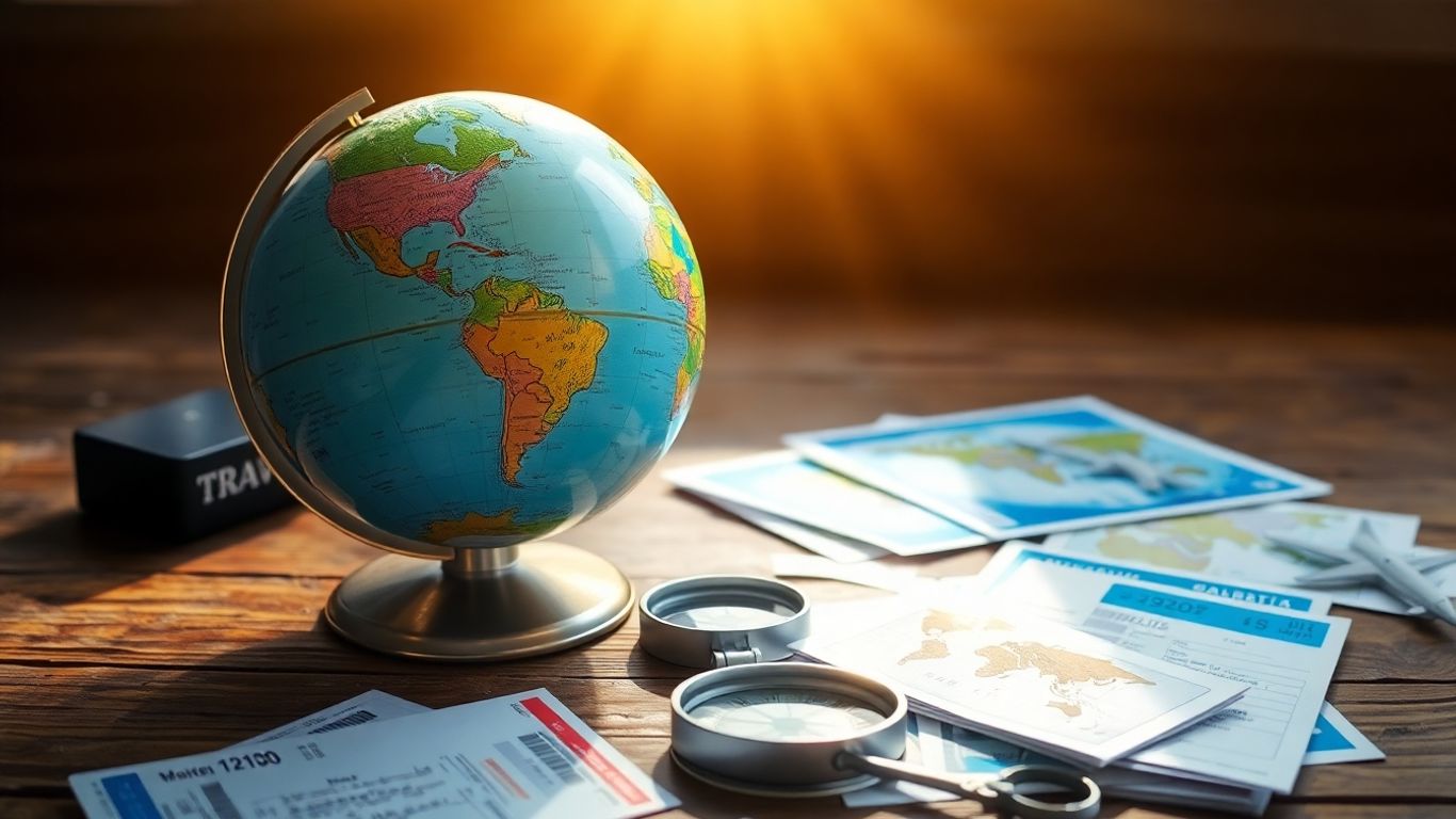 Globe, tickets, and compass on a wooden surface.