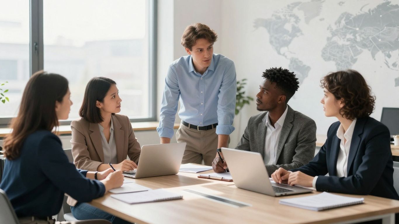Europäische Geschäftsleute diskutieren in einem modernen Büro.