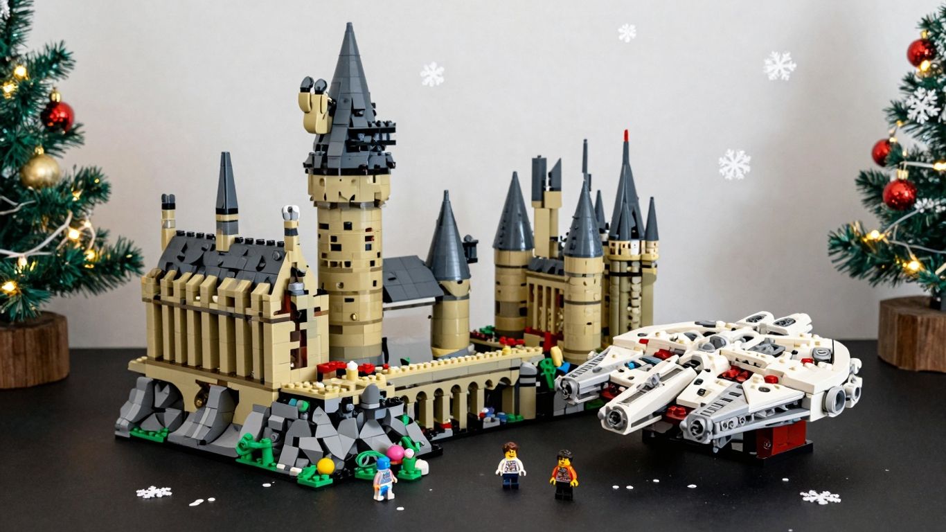 LEGO sets and December holiday decorations.