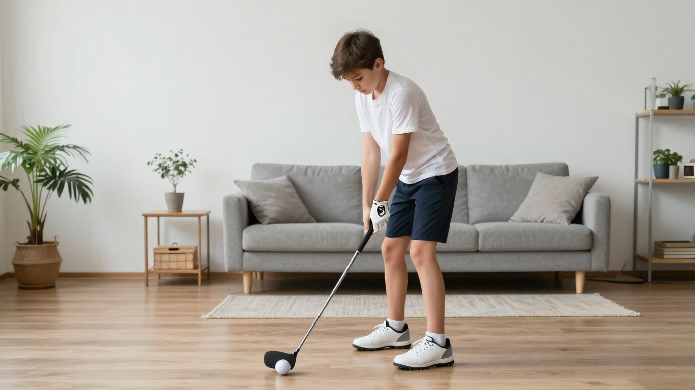 Beginner golfer practicing swing with foam ball at home.