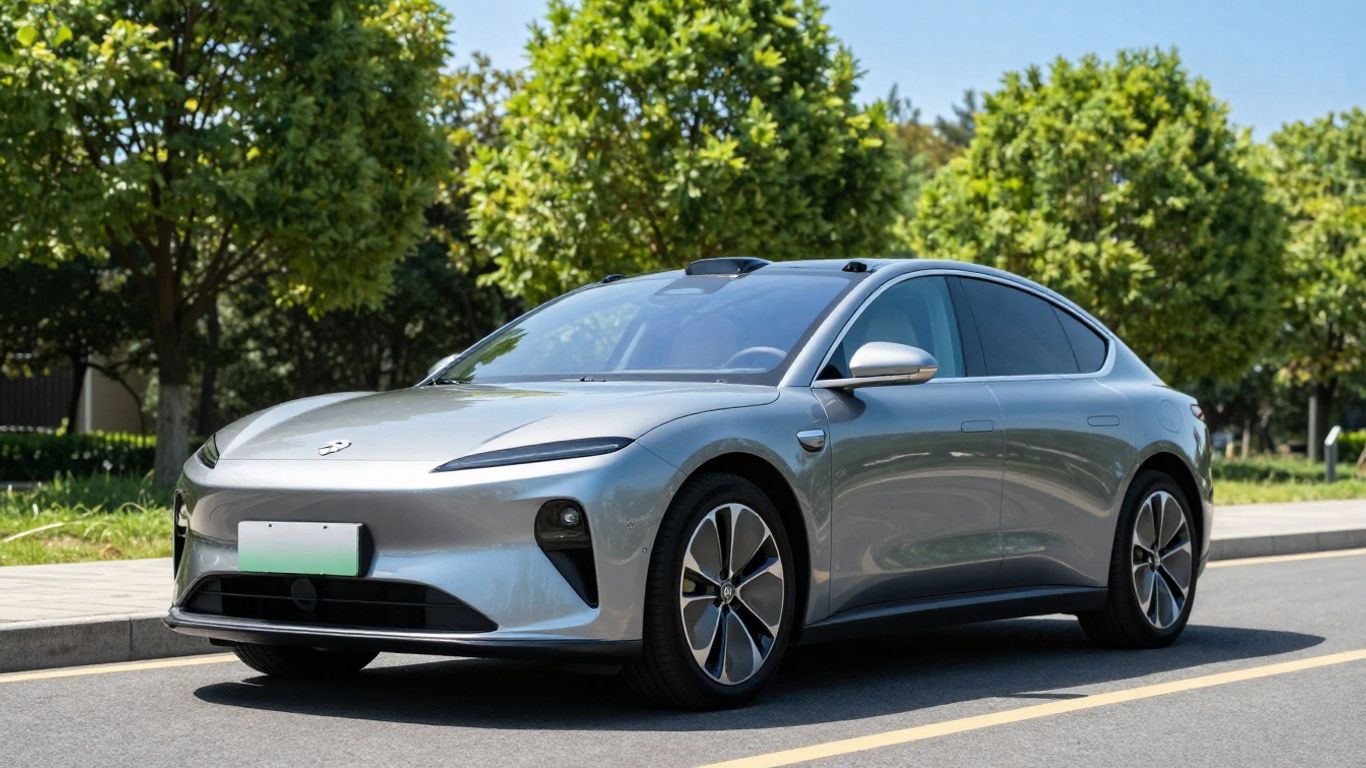 Modern electric car on a scenic road.