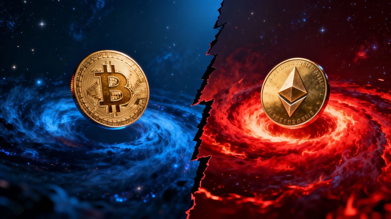 Bitcoin and Ethereum coins amidst cosmic uncertainty