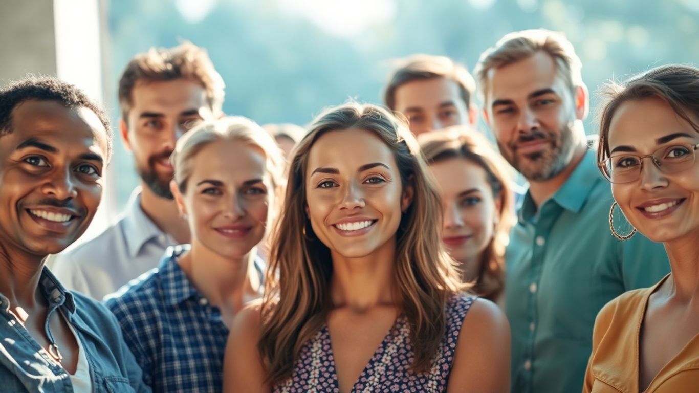 People looking confidently, with a soft blue and green background.