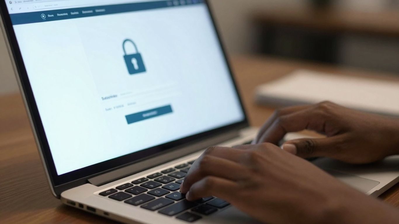 Hands typing on a laptop with a padlock icon.