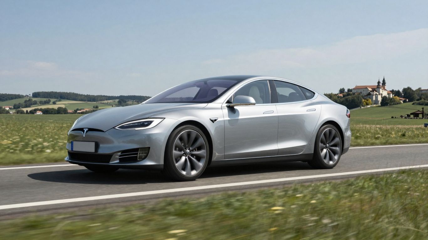 Tesla car driving on European highway with FSD active.