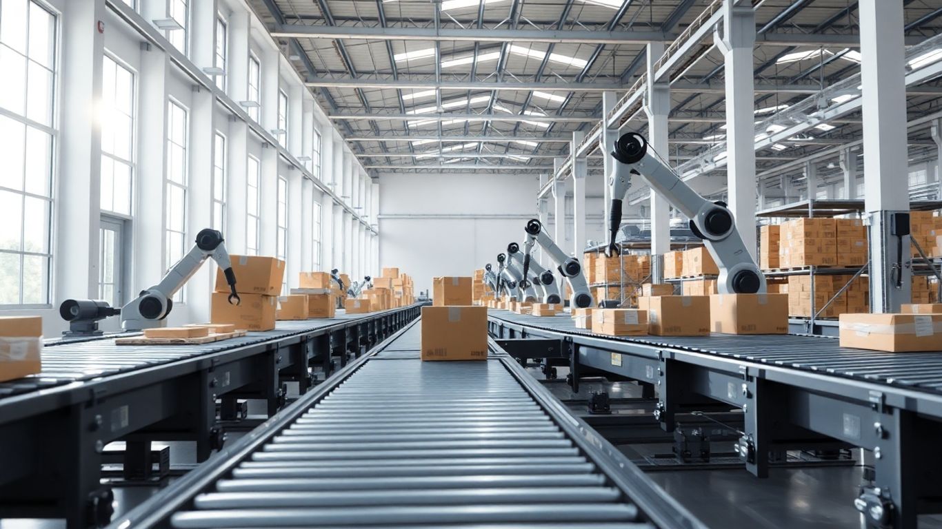 Automated warehouse with robotic arms and conveyor belts.