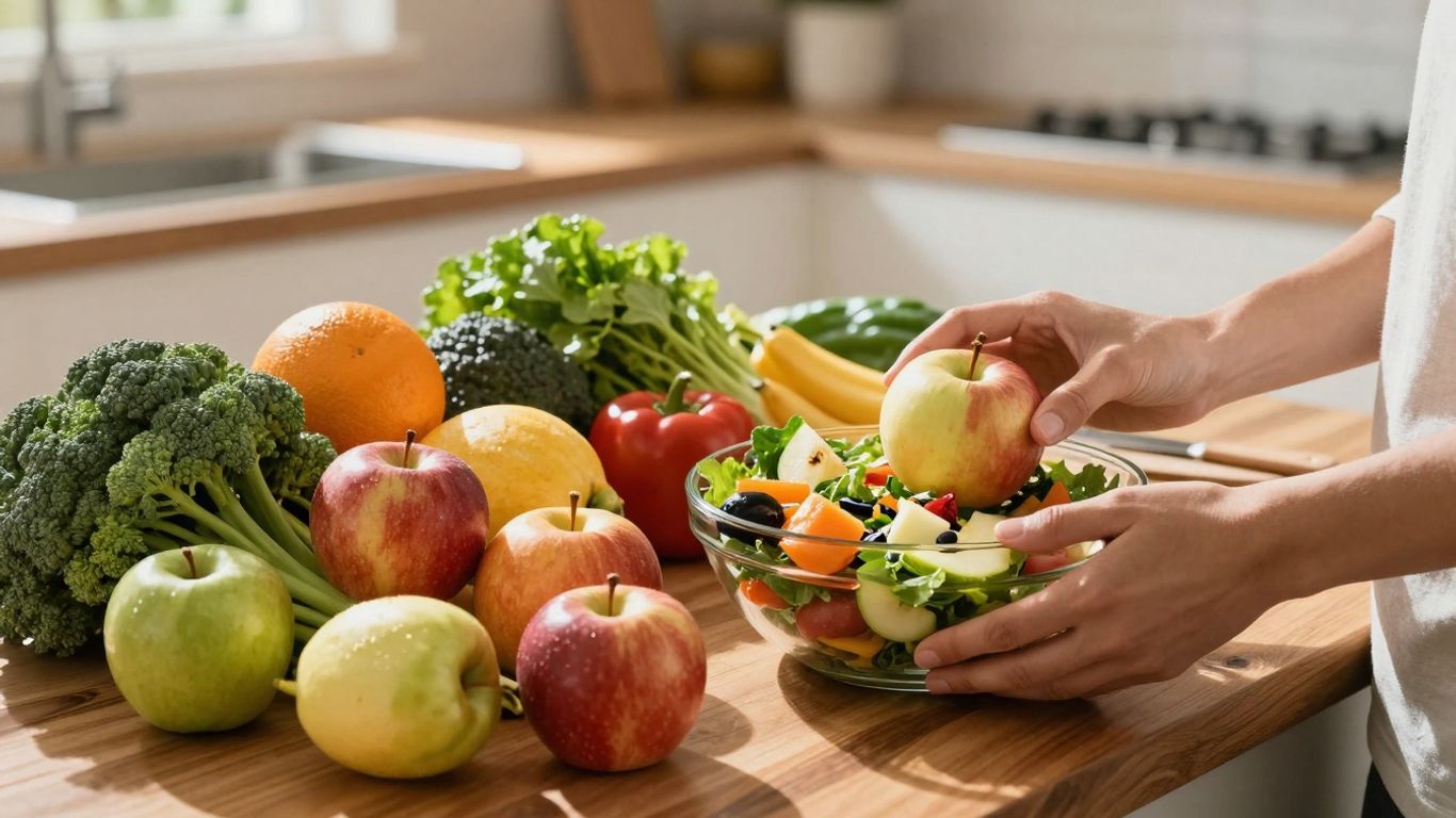 Fresh produce and healthy meal preparation in a bright kitchen.