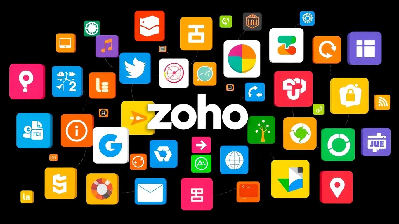 Zoho application icons in a colorful, interconnected arrangement.