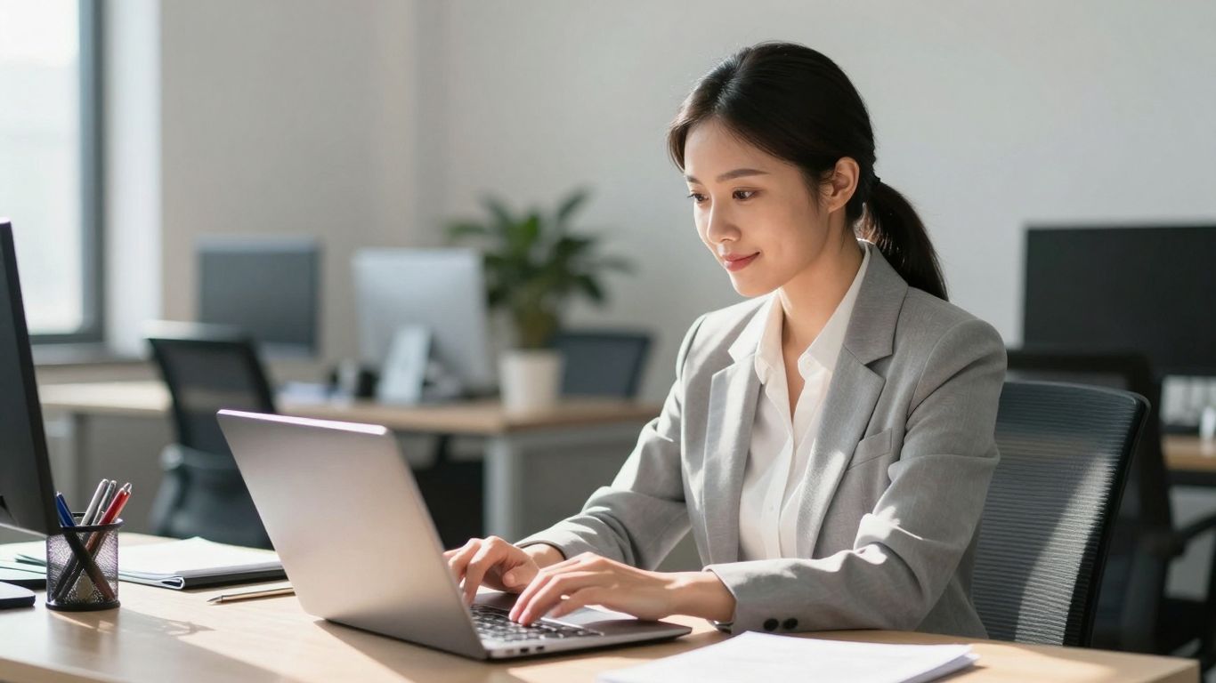 Woman working on laptop, virtual assistant hiring