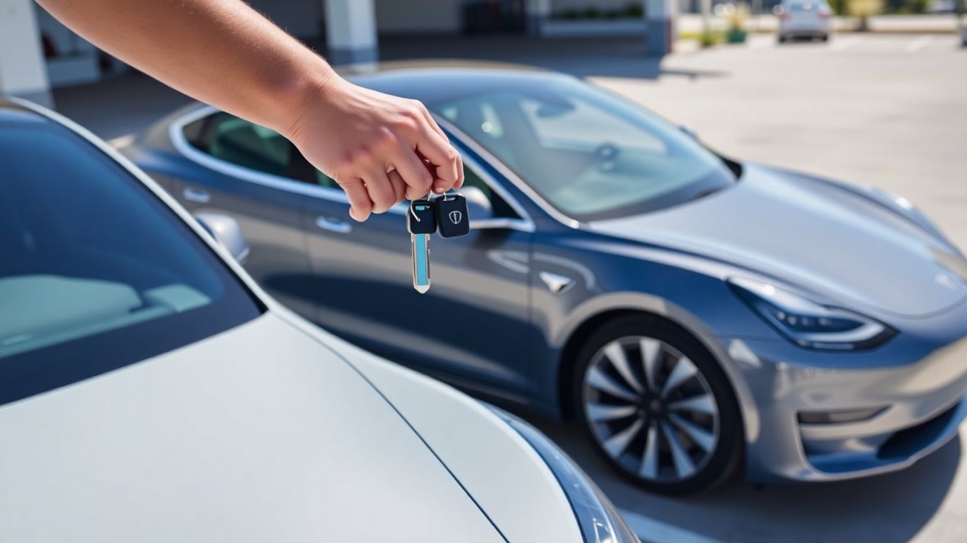 New Tesla car with keys at delivery.