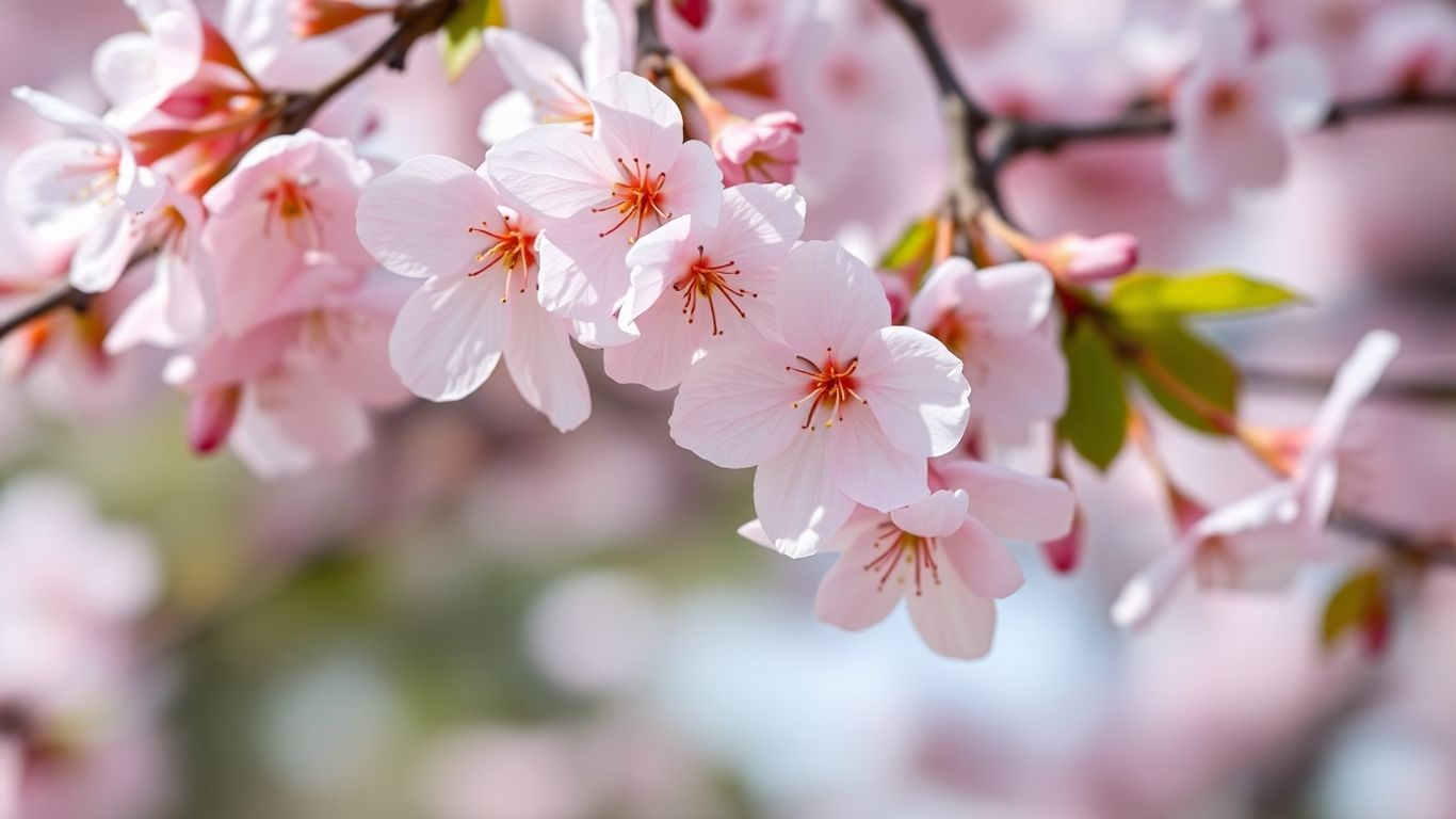 Close-up of delicate pink cherry blossoms in full bloom.