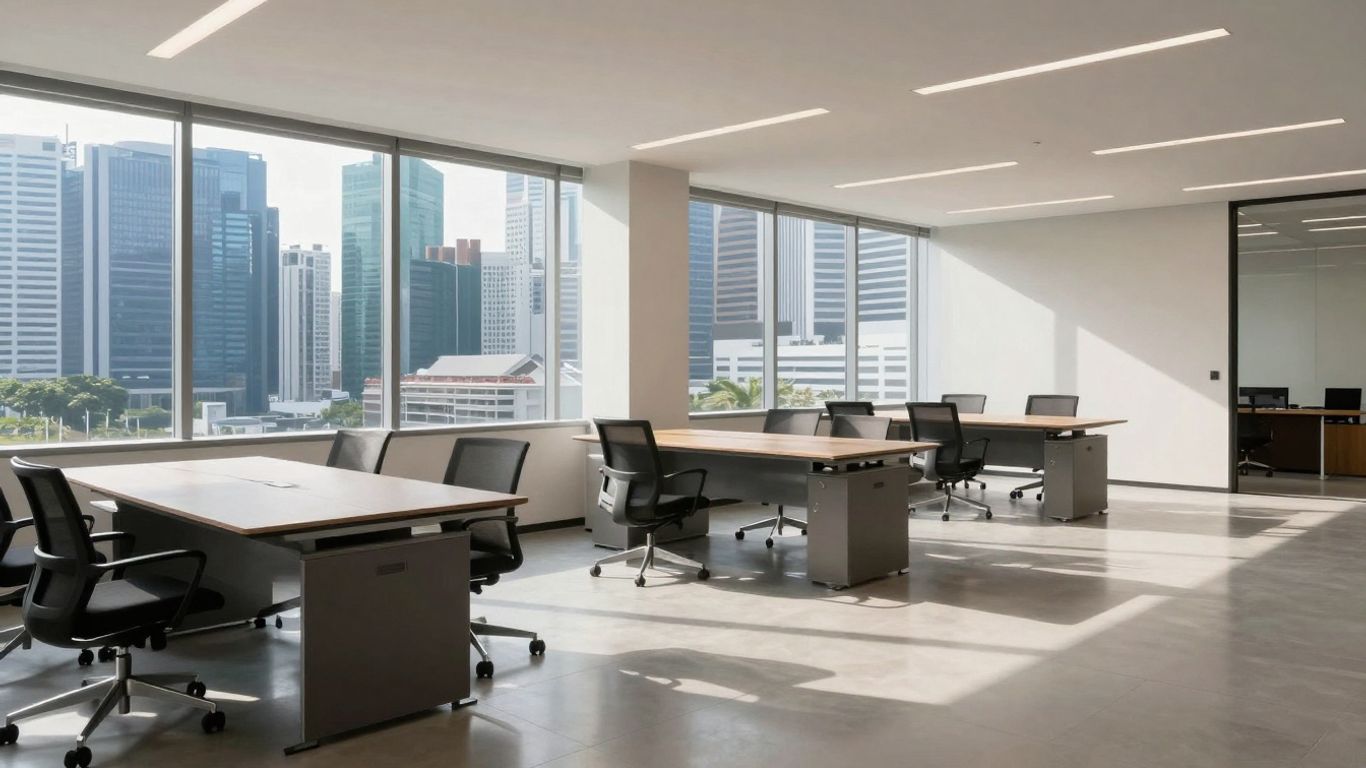 Empty modern office space in Singapore with city view.