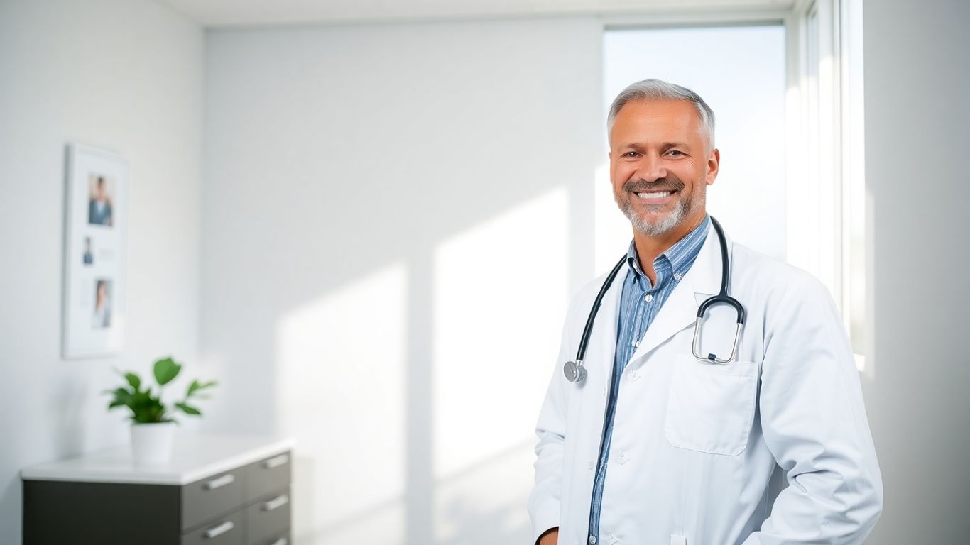 Doctor with stethoscope in a bright, modern clinic.