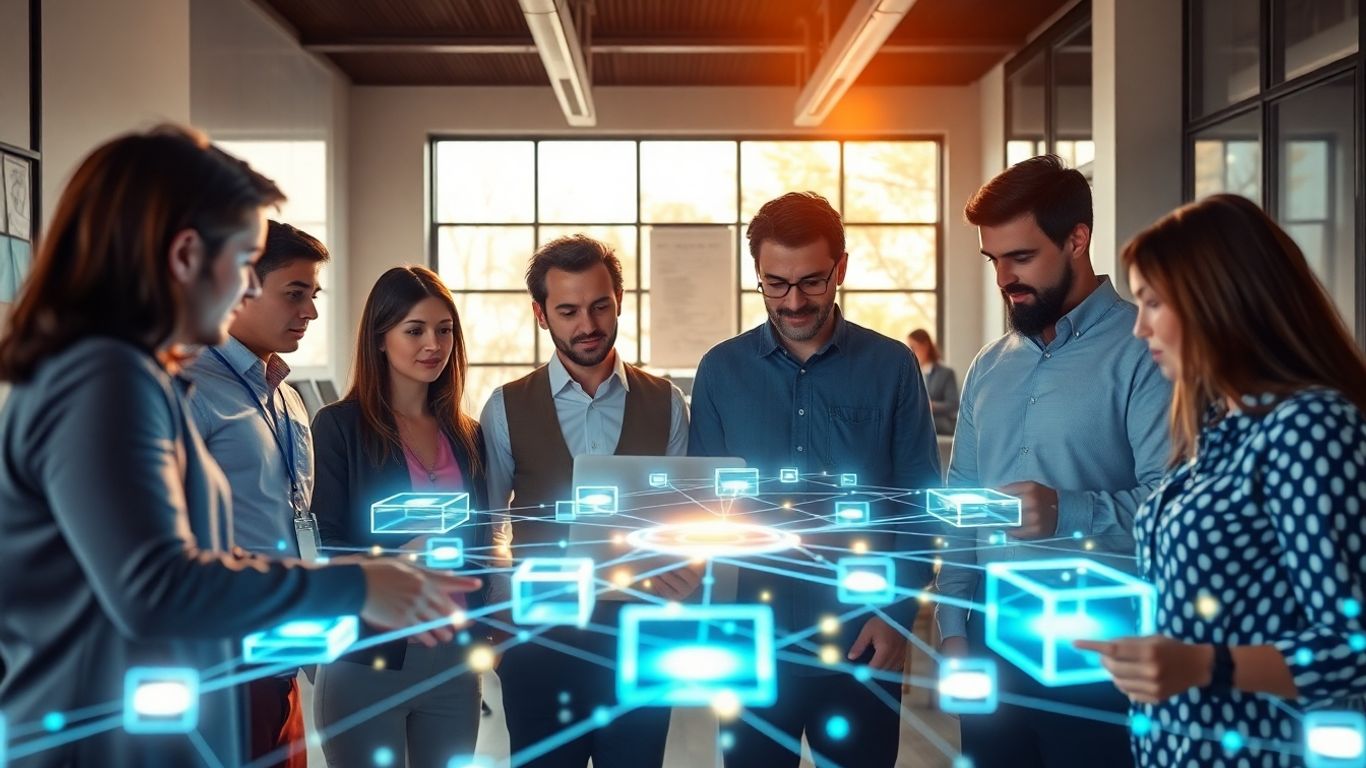 Professionals collaborating around a glowing blockchain network.