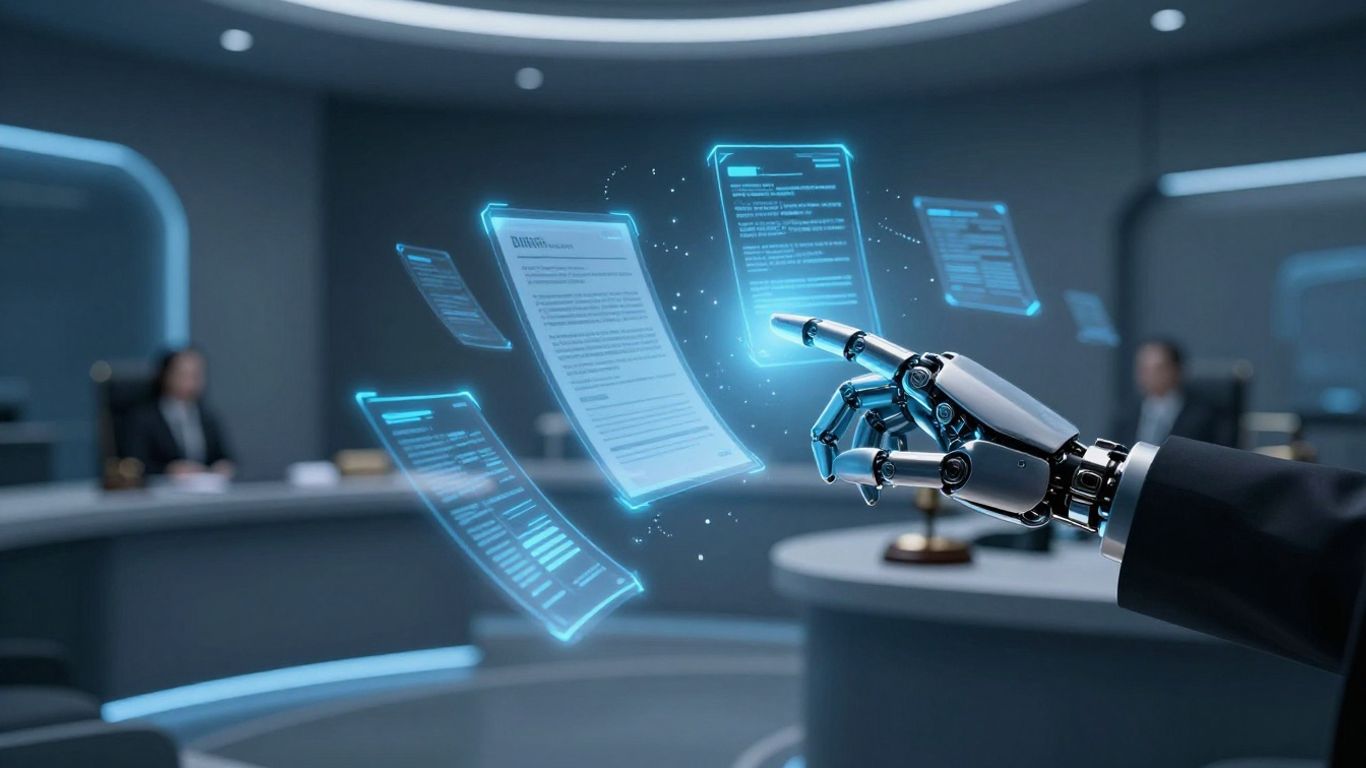 Robotic hand interacting with holographic legal documents in a futuristic courtroom.
